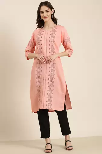 women's calf length round neck peach ethnic motifs straight kurta