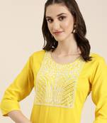 women's calf length round neck yellow solid straight kurta