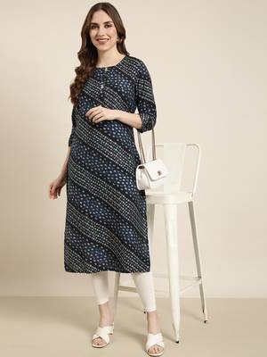 women's calf length round neck navy blue bandhani straight kurta 1