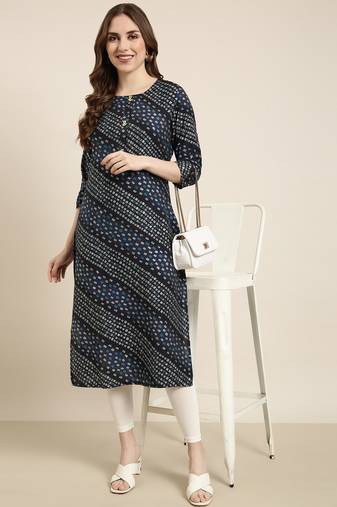 women's calf length round neck navy blue bandhani straight kurta