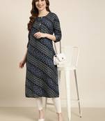 women's calf length round neck navy blue bandhani straight kurta