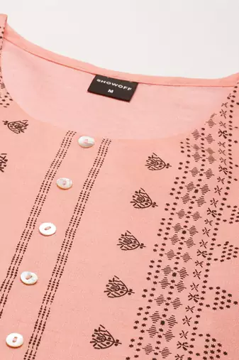 women's calf length round neck peach ethnic motifs straight kurta