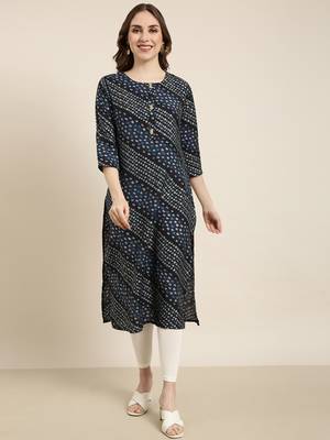 women's calf length round neck navy blue bandhani straight kurta 2