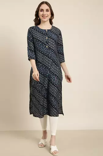 women's calf length round neck navy blue bandhani straight kurta