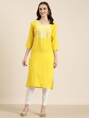 women's calf length round neck yellow solid straight kurta 2