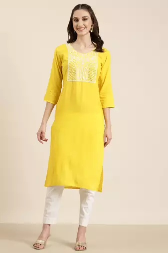 women's calf length round neck yellow solid straight kurta