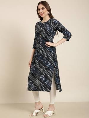 women's calf length round neck navy blue bandhani straight kurta 3