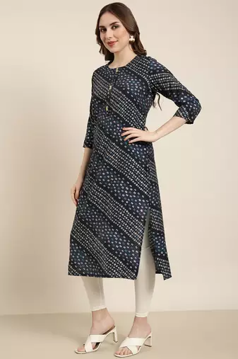 women's calf length round neck navy blue bandhani straight kurta