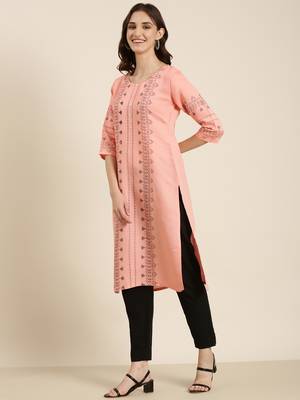women's calf length round neck peach ethnic motifs straight kurta 5