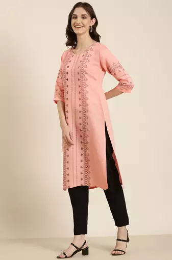 women's calf length round neck peach ethnic motifs straight kurta