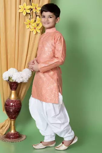 embroidery & sequins work dupion silk kurta and cotton patiyala set for boys