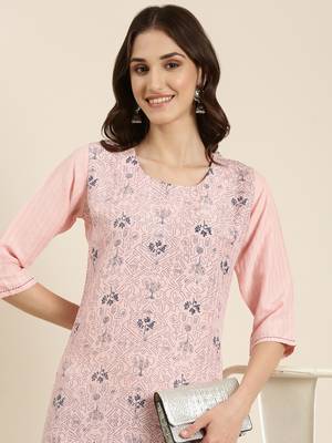 women's knee length round neck pink geometric straight kurta 1