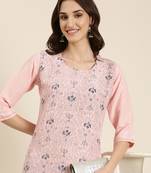 women's knee length round neck pink geometric straight kurta
