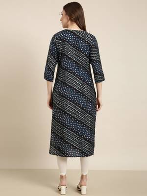 women's calf length round neck navy blue bandhani straight kurta 4