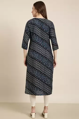 women's calf length round neck navy blue bandhani straight kurta