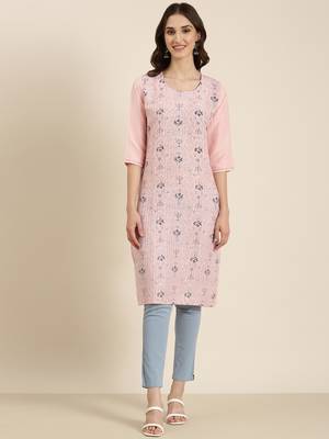 women's knee length round neck pink geometric straight kurta 2