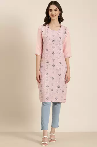 women's knee length round neck pink geometric straight kurta