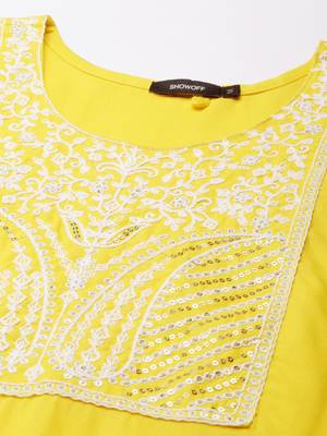 women's calf length round neck yellow solid straight kurta 3