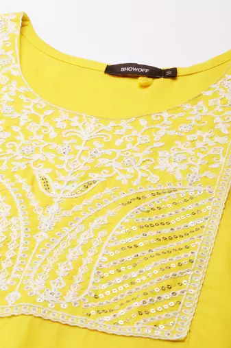 women's calf length round neck yellow solid straight kurta