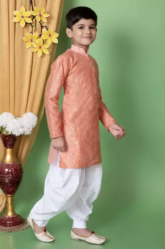embroidery & sequins work dupion silk kurta and cotton patiyala set for boys