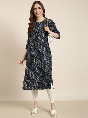 women's calf length round neck navy blue bandhani straight kurta 5