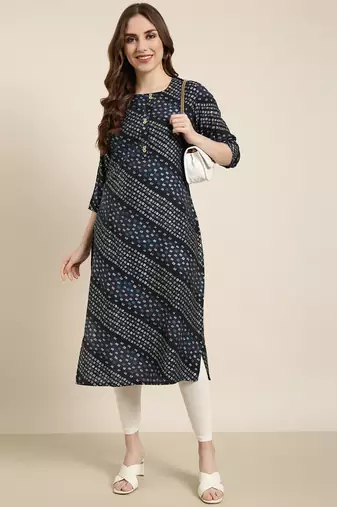 women's calf length round neck navy blue bandhani straight kurta