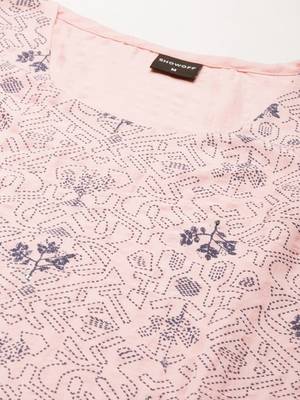 women's knee length round neck pink geometric straight kurta 3