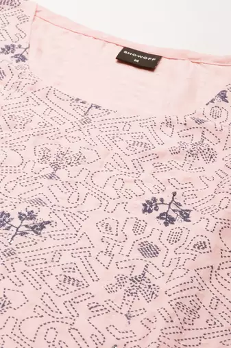 women's knee length round neck pink geometric straight kurta