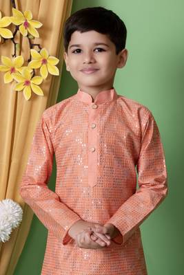 embroidery & sequins work dupion silk kurta and cotton patiyala set for boys 5