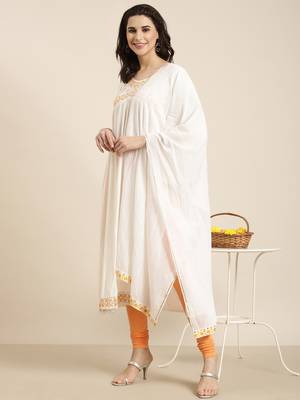 women's calf length v-neck off white solid straight kurta comes with duppatta 1