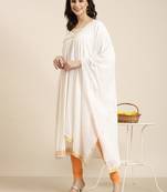 women's calf length v-neck off white solid straight kurta comes with duppatta