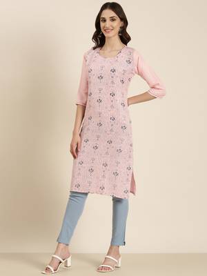 women's knee length round neck pink geometric straight kurta 5