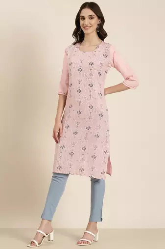 women's knee length round neck pink geometric straight kurta