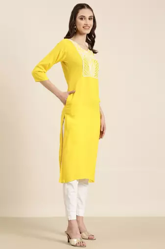 women's calf length round neck yellow solid straight kurta