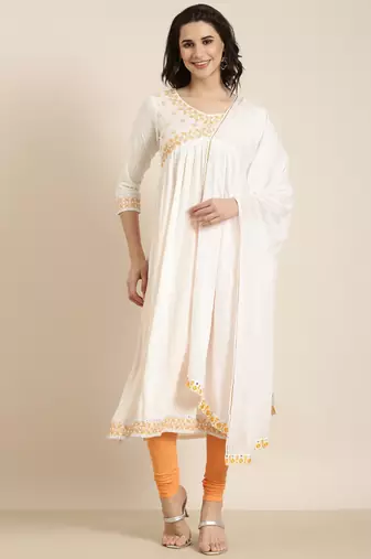 women's calf length v-neck off white solid straight kurta comes with duppatta