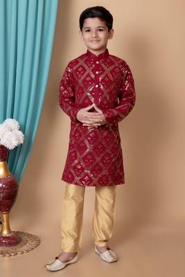 embroidery & sequins work dupion silk kurta and pajama set for boys 1