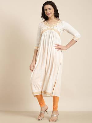 women's calf length v-neck off white solid straight kurta comes with duppatta 3