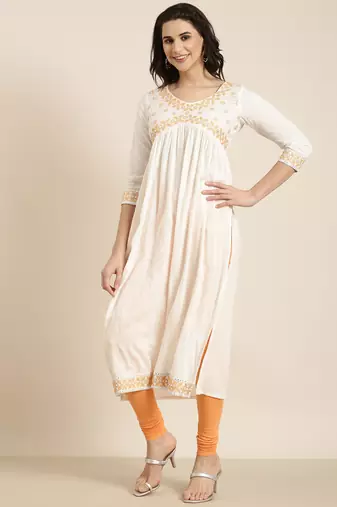 women's calf length v-neck off white solid straight kurta comes with duppatta