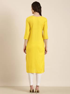 women's calf length round neck yellow solid straight kurta 5