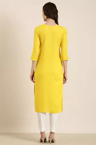 women's calf length round neck yellow solid straight kurta