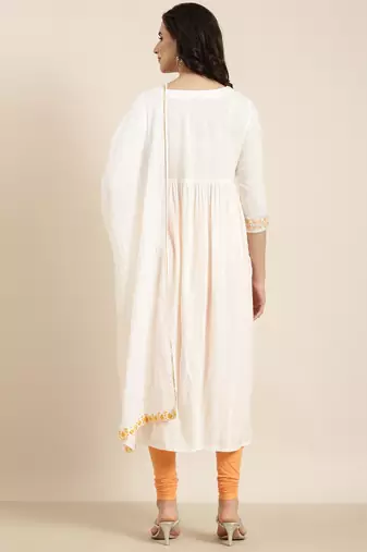 women's calf length v-neck off white solid straight kurta comes with duppatta