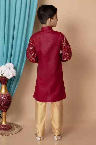 embroidery & sequins work dupion silk kurta and pajama set for boys