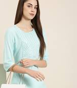women's knee length round neck blue solid straight kurta