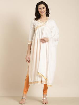 women's calf length v-neck off white solid straight kurta comes with duppatta 5