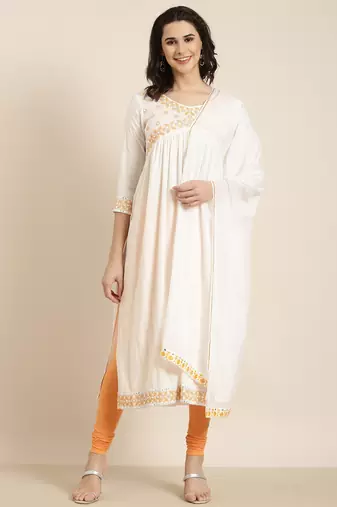 women's calf length v-neck off white solid straight kurta comes with duppatta