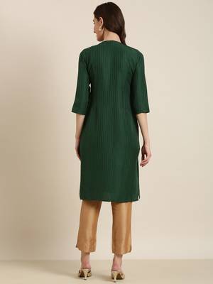 women's knee length round neck green striped straight kurta 5