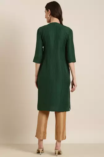 women's knee length round neck green striped straight kurta
