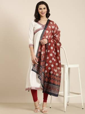 women's calf length v-neck cream solid anarkali kurta comes with duppatta 1