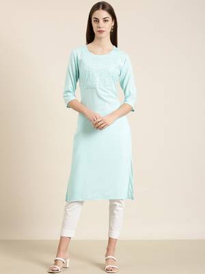 women's knee length round neck blue solid straight kurta 2