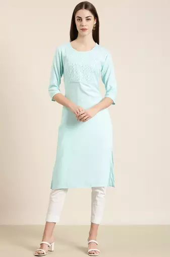 women's knee length round neck blue solid straight kurta
